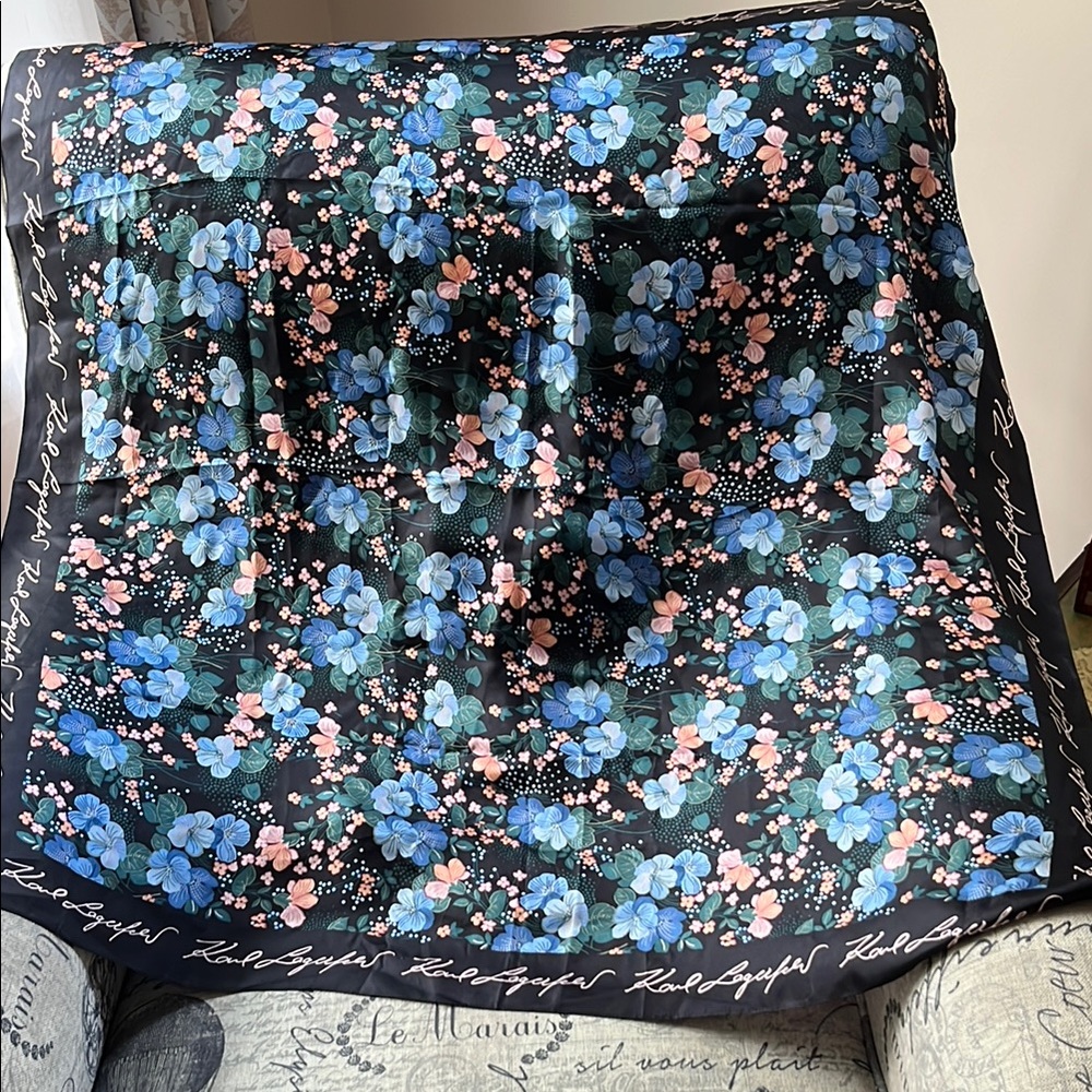 Karl Lagerfeld silk Floral Scarf in Black, Blue & Pink